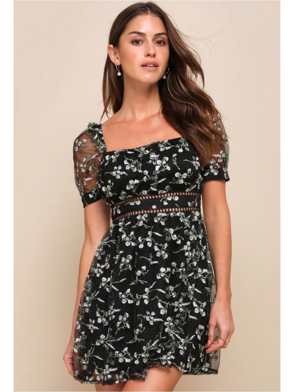 Lulus Radiant Love Black Embroidered Floral Puff Sleeve Skater Dress Size 1X